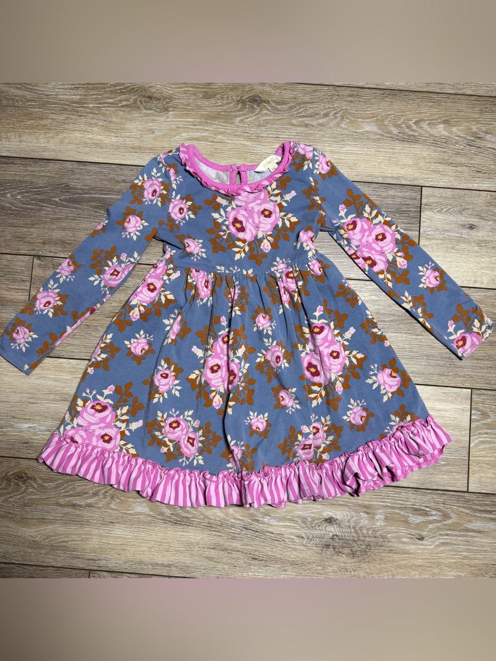 Matilda Jane Blue Floral Long-Sleeve Dress with Pink Ruffle size 4 EUC
